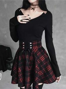 Stedelijke sexy jurken zwart geruite dames gotische rok vrouwen geplooide geruite rokken lente herfst meisje hiphop vrouwelijke punk goth mini rok clubkleding 2443