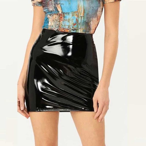 Vestidos sexy urbanos de cuero de látex negro mini falda dama oficina PVC faldas de lápiz flacas sexy faldas de cintura alta al cuerpo de mujeres cortas de clubcon personalizado 240403