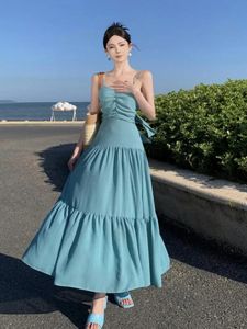 Vestidos sexy urbanos azul elegante fiesta de cumpleaños resbalón largo vestido de verano sin mangas sin respaldo coreano arco vendaje damas 2023 vestidos 231206