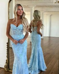 Robes sexy urbaines robes de soirée bleues 2023 Appliques de dentelle longue Crystal sirène chérie Sweep Train Corset Back Sans manches