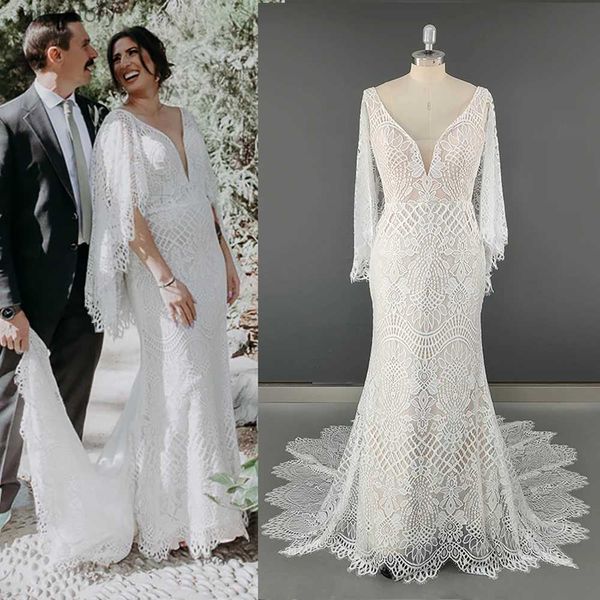 Robes sexy urbaines manches flottantes en cascade robe de mariée en dentelle graphique décolleté en V dos nu sur mesure rustique Boho sirène robe de mariée ajustée yq240329