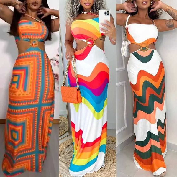 Vestidos sexis urbanos informales para mujer con estampado de retazos sin espalda hueco elástico con tirantes fiesta vestido largo al por mayor yq240330