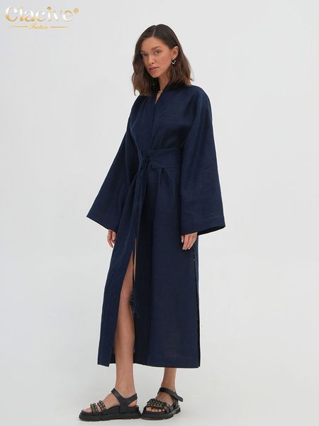 Robes sexy urbaines Clacive Mode Lâche Robe en lin bleu Dames Élégant Col en V Manches longues Midi Casual Lace Up Fente pour les femmes 2023 230918