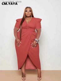 Urban Sexy Dresses CM.YAYA Grande Taille Femmes Bouffée Manches Courtes Enveloppe Haut Côté Fendu Moulante Midi Maxi Longue Robe 2023 Sexy Fête Même Robes Robes L240309