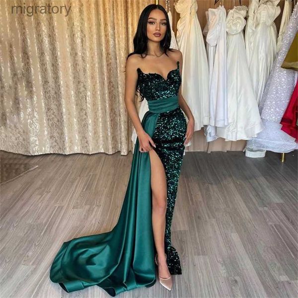 Robes sexy urbaines vert foncé paillettes sirène soirée pour mariage col en V épaule paillettes robe de bal haute fente latérale robes de soirée yq240329