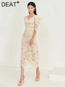 Urban sexy jurken deat elegante jurk asymmetrisch borduurwerk kanten boog holle v-hals damesjurk met korte mouwen veer 2024 NIEUW 13DB4114 C240411