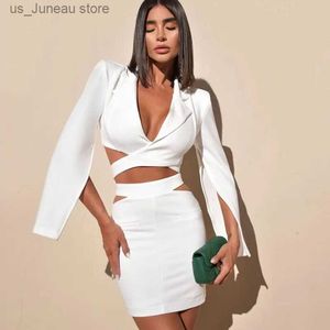 Urban Sexy Dresses Designer 2 Pcs Femmes Costumes Ensemble Robe De Soirée Sexy Col En V Cape Slve Casual Blanc Blazer + Jupe Courte Robes De Bal Robe De Marie T240330