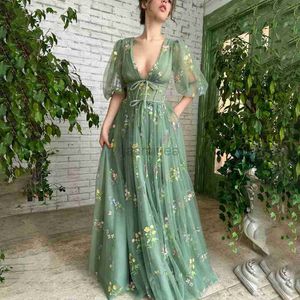 Robes sexy urbaines Dhaolu Forest Green Fairy Lace Prom Party Robes Puff Sleeves A-Line Foraml Graduation Robes Pleat Lace Evening Dance Robe 24410