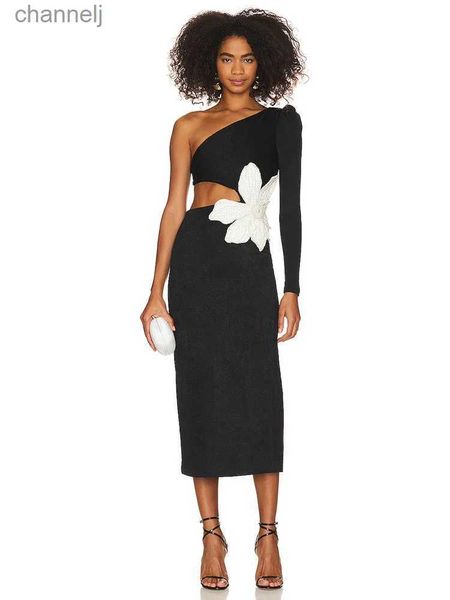 Robes sexy urbaines col diagonal à manches longues perles robe à fleurs femmes noir une épaule taille découpée mince soirée yq240327