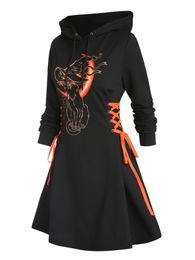 Stedelijke sexy jurken Dressfo dames gothic jurk met capuchon, lichte stretch sweatshirtjurken, kathoed, maanprint, stropdas, lange mouwen, a-lijn, mini-casual jurk 231021