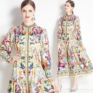 Robes sexy urbaines Drop Spring Automne Vintage Print Stand Col montant Bow Longue Lanterne Manches Femmes Dames Casual Party Maxi Shirt Dress y231206