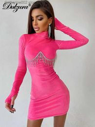 Urban Sexy Kleider Dulzura Diamant Quaste Patchwork Frauen Langarm High Neck Samt Mini Kleid Bodycon Sexy Streetwear Party 2021 Herbst elegante T231023