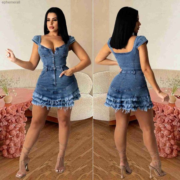 Robes sexy urbaines Echoine Denim à manches courtes col carré bouton poche gland jupe à plusieurs niveaux Mini Robe maigre mode jean robes Robe yq240330