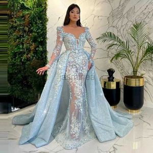 Robes sexy urbaines élégant arabe ciel bleu sirène robes de soirée chérie en dentelle en dentelle en cristal robe détachable ourlet robes de fête formelle 24410