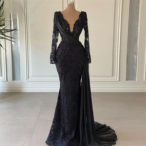 Urban Sexy Dresses Elegant Mermaid Lace Evening Night para mujer Black Long Sleeves V Neck Beads Formal Prom Wedding Party Gowns 230606