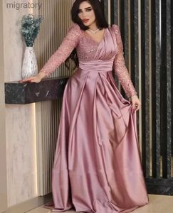 Robes sexy urbaines élégant rose satin sequin soirée col en v a-ligne manches longues arabe dos nu robe de soirée de mariage robes de gala yq240329