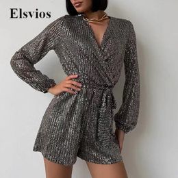 Vestidos Sexy Urbanos Elegantes Faixas V Pescoço Brilhante Macacões Mulheres Sexy Manga Longa Lantejoulas Festa Romper Moda Casual Solto Shorts Macacões Playsuits 231213