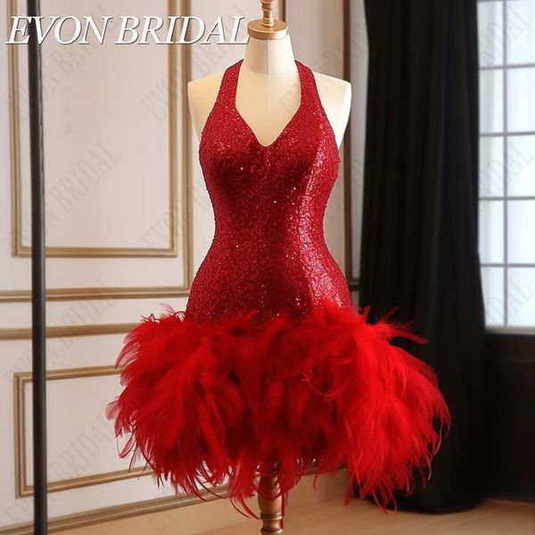 Urban Sexy Dresses EVON BRIDAL Sexy Mini robes de bal à paillettes rouges pour les filles noires avec plume robe de soirée scintillante fête de cocktail photo réelle 231219