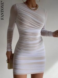 Urban Sexy Dresses Fantoye voir à travers maille froncé femmes robe blanc à manches longues col rond femme automne maigre élégant fête Clubwear 230906