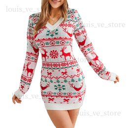 Urban sexy jurken mode kerstpatroon haakjurk 2024 Nieuwjaar vrouwen dames lange mouw v-neck gebreide pullover korte jurk casual trui jurken t231202