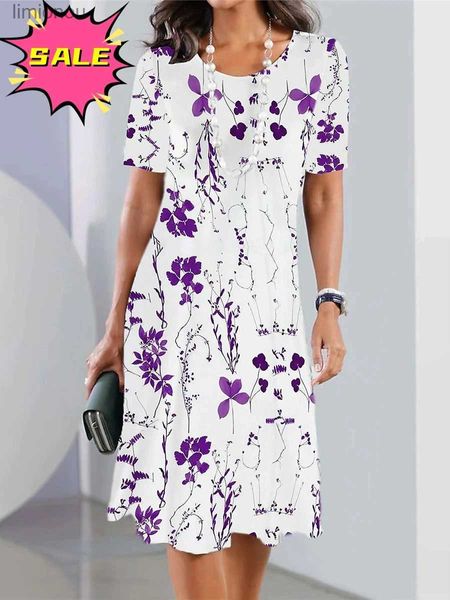 Vestidos sexy urbanos Vestido con estampado de flores Líneas 3d Moda Verano Manga corta Ropa de mujer Falda suelta elegante Señora Vacaciones de gran tamaño Vestidos retro 240223