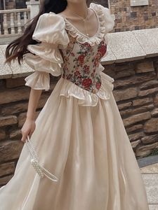 Urban Sexy Robes Gaun motif bunga Vintage Perancis gaun Midi pesta malam elegan leher o Wanita Lengan Puff peri Korea musim panas 2023 230517