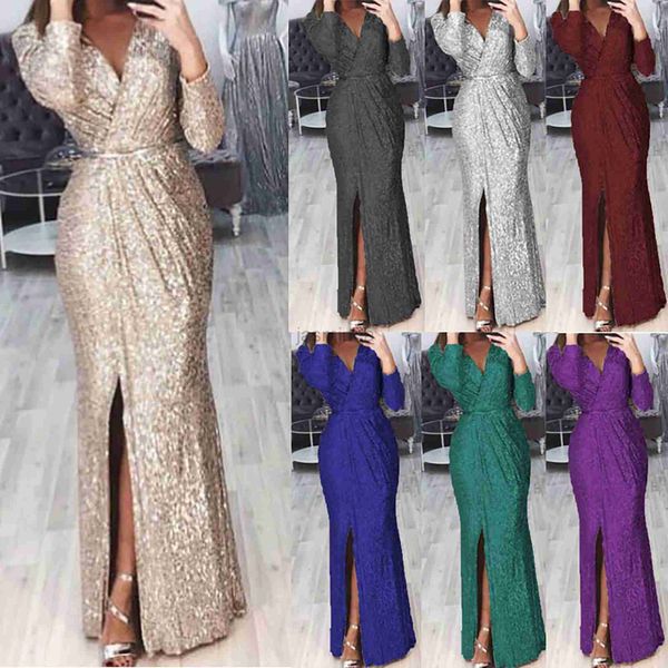 Robes sexy urbaines Gold Sliver Party Robe Femme Spring Automne V Neck Long Manche à manches Body Colon Ventidos Bling Clubwear 24410