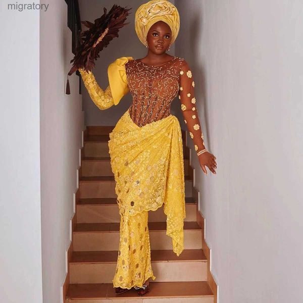 Robes sexy urbaines Magnifique Aso Ebi Style Dentelle Formelle De Bal Plus La Taille Femmes Noires Jaune Paillettes Robe De Soirée De Mariage Robes De Soirée Africaines yq240329