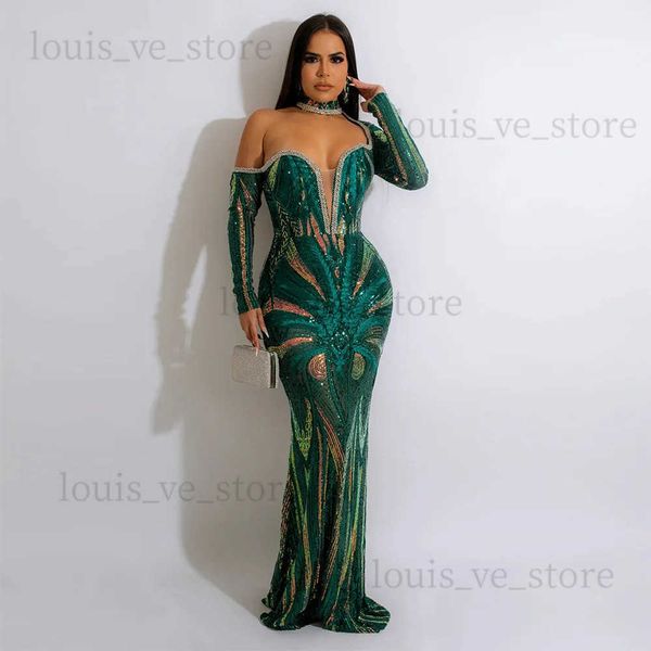 Robes Sexy urbaines femmes magnifiques perceuse chaude strass diamant longue fête robes à paillettes de luxe une épaule à manches longues soirée sirène robes T231214