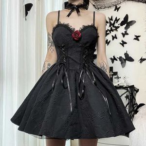 Urban sexy jurken Goth Dark Tie Up Mall Gothic Elegante vrouwen Jurken Grunge Aesthetic Jacquard A-Line Jurk Emo Lace Trim Black Party Alt Kleding Y240420