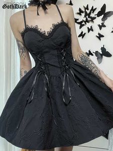 Stedelijke sexy jurken Goth Donker Tie Up Mall Gothic Elegante damesjurken Grunge esthetische jacquard A-lijn jurk Emo Kanten rand Zwart Feest Alt Kleding 240223