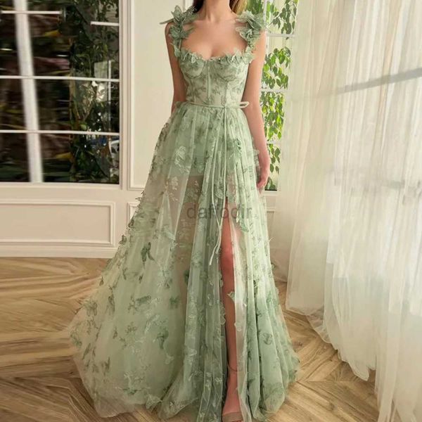 Vestidos sexy urbanos VERDES VERSOS DE PROMA DE PROMACIÓN DE LACE 3D SWEETHEATHEART 2024 Correas de espagueti A-Line High Slit Fairy Vesing Vesing Rente 240410