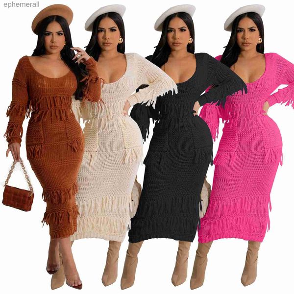 Vestidos sexy urbanos Vestido midi con borlas de punto de ganchillo a mano Mujeres Sólido O-cuello Bolsillos de manga larga Suéter casual ajustado alto elástico yq240330