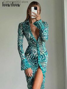 Urban Sexy Jurken Hawthaw Vrouwen Elegante Lange Mouwen Gedrukt Bodycon Streetwear Groene Midi-jurk 2022 Herfst Kleding Groothandel Artikelen Voor Business T231023