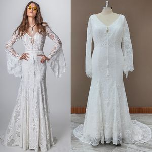 Robes sexy urbaines Robe de mariée hippie plage boho col en V manches longues cloche dos nu grande taille dentelle découpée destination robe de mariée évasion 230828