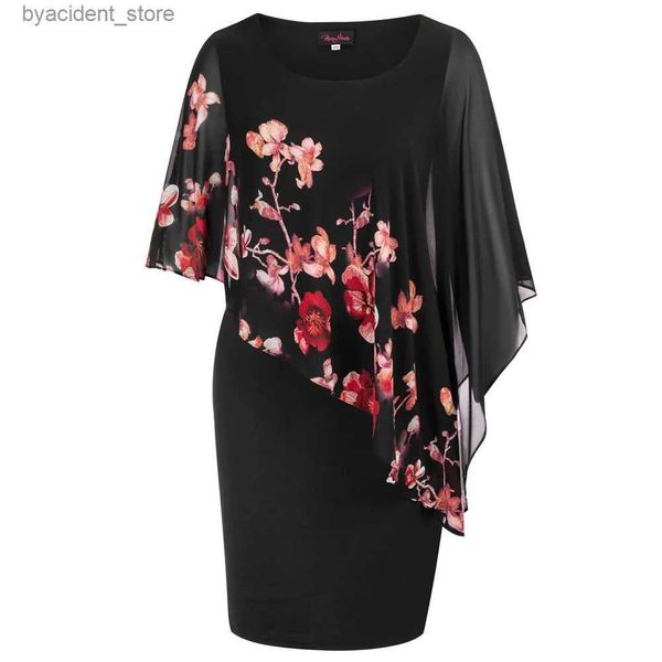 Urban Sexy Dresses HN robe de grande taille femmes col rond en mousseline de soie Capelet décoré Double couche moulante robe crayon robes de soirée imprimées florales L240309