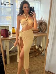 Urban sexy jurken Hugcitar Satin Solid Halter Backless Draped Hollow Out Shirring Bandage Slim Maxi Prom Dress Sexy Summer Elegant Outfit Party Y240420