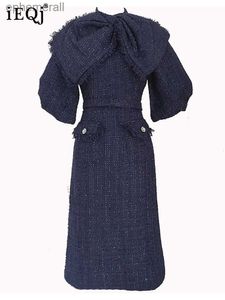 Stedelijke sexy jurken IEQJ Bownot kwastje gesplitst tweed met bladerdeeg mouwen voor dames Vintage elegante hoge taille slanke jurk 2023 nieuwe kleding 3WQ7259 yq240330