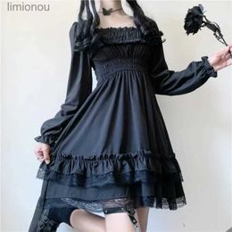 Robes sexy urbaines Style Lolita japonais femmes princesse noire Mini robe Slash cou taille haute robe gothique manches bouffantes dentelle volants robes de soirée 240223