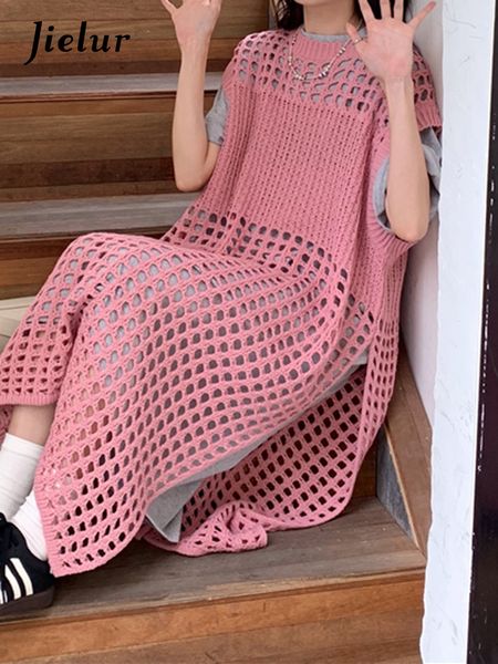 Urban Sexy Dresses Jielur Summer Y2K Hollow Out Vestido de mujer Chicly Solid Sweet Sexy Dress Mujer Pink Korean Loose Fashion Vestidos Mujer 230808