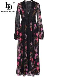 Stedelijke sexy jurken LD LINDA DELLA Designer herfst-winterjurk Dameskant Lantaarnmouwen Hoge taille Bloemenprint Feest Vintage zwarte midi-jurk 230918