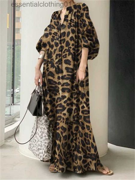 Robes sexy urbaines Robe Maxi imprimée léopard femmes surdimensionné Robe longue ample Fe été col en v bouffée Sle décontracté vacances plage Robe d'été L231208