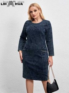 Urban sexy jurken LIH HUA dames plus size denim jurk ronde hals herfst chique elegante jurken voor mollige vrouwen geweven katoenen jurk L240309