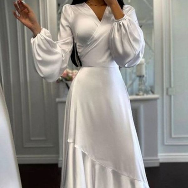 Robes urbaines sexy à manches longues col en V tempérament taille irrégulière soie robe de fête d'anniversaire dames rétro ceinture satin élégant une ligne l230713