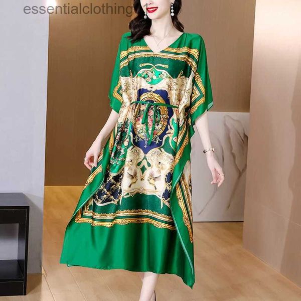 Robes sexy urbaines Lâche Vert Floral Soie Vintage Maxi Robe Printemps Eté High Street Bat Sle Robe longue élégante 2023 Femmes Mode Robes L231208