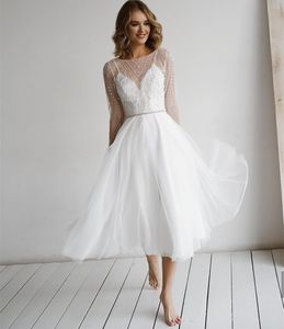 Urban Sexy Dresses LSYX Robe De mariée courte élégante 2023 manches longues perles ceintures dos nu Appliques Robe De soirée Robe De Mariee mi-mollet une ligne 230828