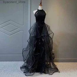 Stedelijke sexy jurken Maxi-jurken voor dames Avondfeest Zwarte pailletten Mouwloze ruches Slim Fit Effen Retro Kanten rokken Mode Damesgalajurk L240309