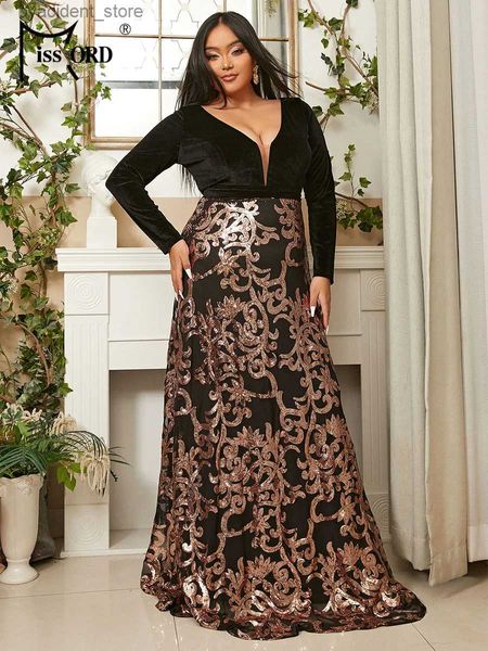 Robes sexy urbaines Missord noir velours grande taille robe de soirée femmes à manches longues col en V paillettes a-ligne Maxi fête robes de bal femme robe formelle L240309