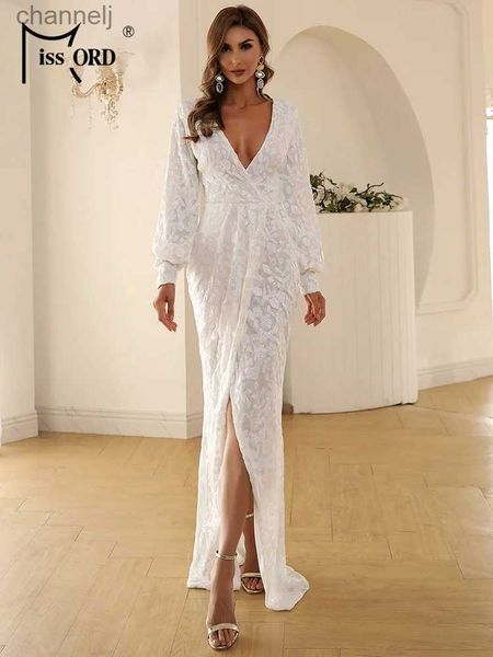 Vestidos sexy urbanos Missord blanco largo de noche de las mujeres con cuello en V profundo manga de linterna muslo partido maxi vestido de fiesta elegante vestido ajustado yq240327