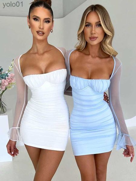 Urban Sexy Dresses Mozision Elegantes, rückenfreies, sexy Minikleid für Frauen, Robe, zweilagiges Netz, voller Ärmel, Reißverschluss, figurbetontes Party-Kurzkleid, VestidoL231215